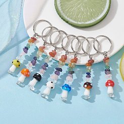 7Pcs 7 Styles Chakra Natural Gemstone Chips Keychains with Lampwork Mushroom Charm&nbsp;KEYC-JKC00547-S
