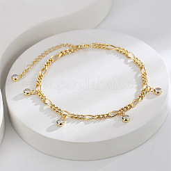 Brass Figaro Chain Clear Cubic Zirconia Flat Round Tassel Anklets for Women&nbsp;FS-WG29303-01