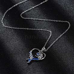 Brass Blue Cubic Zirconia Mermaid Heart Pendant Necklaces for Women&nbsp;NJEW-C067-04P