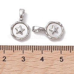 ラックメッキ真鍮パヴェシェルフラットラウンドチャームスター付き  貝殻色  プラチナ  12.5x10x3mm  穴：5x2.8mm&nbsp;KK-K360-06P