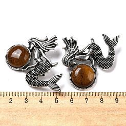 両用アイテム合金マーメイドブローチ  天然タイガーアイと  アンティークシルバー  42x37x12mm  穴：8x3mm&nbsp;JEWB-C026-02A-AS