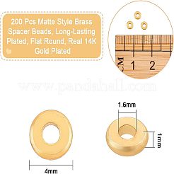 マットスタイルの真鍮スペーサービーズ200個  長持ちメッキ  フラットラウンド  14KGP本金メッキ  4x1mm  穴：1.6mm&nbsp;KK-NB0001-34