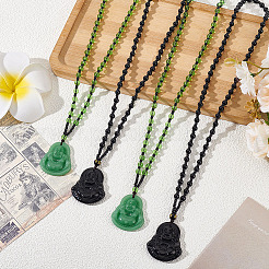 4Pcs 2 Colors Glass Buddha Pendant Necklaces&nbsp;NJEW-ME0001-04