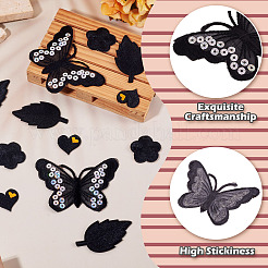 40個 4スタイル ポリエステル刺繍糸 アイロン接着/縫い付けパッチ  ホットメルト接着剤  布のアップリケ  蝶とハートと葉と花  ブラック  21~53x22.5~74x1~2mm  10個/スタイル&nbsp;PATC-TA0001-45B