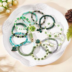 11Pcs 11 Style Alloy Enamel Clover & Cloth Flower Tassel Charm Stretch Bracelets Set&nbsp;BJEW-SW00101