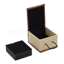 長方形の木製のリングボックス  黄麻布とベルベットと  キャメル  7x6x5.2cm&nbsp;OBOX-N013-02