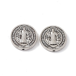 チベット風合金ビーズ  プリースト＆クロス模様のフラットラウンド  アンティークシルバー  14.5x2.5mm  穴：1.2mm&nbsp;FIND-G042-01AS