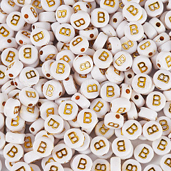 500個メッキアクリルビーズ  ゴールドライン入り  水平穴  アルファベット付きのフラットラウンド  ホワイト  文字B  7x3.5mm  穴：1.2mm&nbsp;PACR-TADJ0001-01B