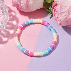 レインボーカラーのディスク、手作りポリマー粘土ビーズストレッチブレスレット、女性用  カラフル  内径：2インチ（5.05cm）&nbsp;BJEW-JB10351-02