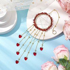 ワイヤーで巻かれた天然の赤いジャスパーチップリング吊り下げ装飾品  屋内の窓やパティオ、庭の装飾に使えるガラス製のハート型タッセルサンキャッチャー  314mm&nbsp;HJEW-JM02371-01