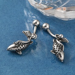 魚 316 サージカルステンレススチール ダングル へそリング  へそピアス  女性用バーベルボディジュエリー  アンティークシルバー  33x12.5mm&nbsp;EJEW-G416-15AS