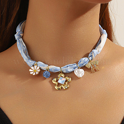 Flower Alloy Enamel & Resin & Glass & Plastic Pearl & Rhinestone Tassel Scarf Choker Necklaces&nbsp;NJEW-SP0001-16C