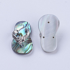 アワビの殻/パウア殻のペンダント  プラチナ調の真鍮製のベール  スリッパ  22x12.5x8mm&nbsp;SSHEL-L008-02P