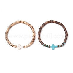 2Pcs Cross Natural Coconut & Synthetic Turquoise Beads Stretch Bracelets for Women&nbsp;BJEW-JB11388