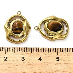天然石タイガーアイペンダント  304ステンレススチールの楕円形チャーム  ゴールドカラー  20.5x16x6.5mm  穴：1.5mm&nbsp;STAS-H438-10G-04
