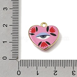 プリントブラスペンダント  アイチャーム付きハート  ピンク  ゴールドカラー  16.5x17x3mm  穴：1.7mm&nbsp;KK-CBAE379-02G-B