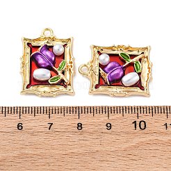 合金エナメルチャーム  ABSの模造パールと  カドミウムフリー＆ニッケルフリー＆鉛フリー  ラックめっき  花のチャームが付いた長方形  ゴールドカラー  暗い蘭  25.5x19x5mm  穴：2mm&nbsp;FIND-M060-09C-G02
