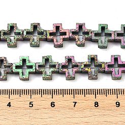 電気メッキされた天然溶岩岩ビーズ連売り  中空クロス  虹メッキ  10~10.5x10~10.5x4~4.5mm  穴：1mm  約35~37個/連  14.96''~15.75''（38~40センチメートル）&nbsp;G-K388-02B