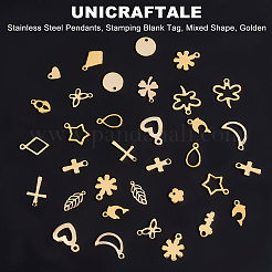 304ステンレスペンダント  空白タグのスタンプ  クロス&クローバー&ハート&鍵&イルカ&月&星&トンボ&蝶&葉っぱ&花&南京錠  ゴールドカラー  120個/箱&nbsp;STAS-UN0006-92G
