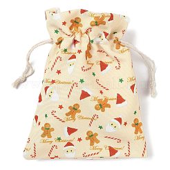 クリスマステーマの布プリント収納バッグ  巾着袋  長方形  ベージュ  20x15x0.4cm&nbsp;LS-ABAG-F010-02C-04