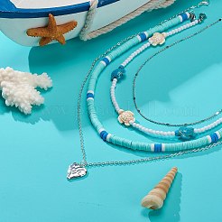 4 個 4 スタイル合金ハート ペンダント ネックレス セット  べっ甲染めの合成ターコイズべっ甲とポリマークレイディスクのビーズを重ねたネックレス  女性のための真鍮チェーンジュエリー  プラチナ  13.98~19.96インチ（35.5~50.7cm）  1個/スタイル&nbsp;NJEW-JN04034