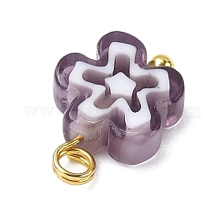 手作りのミッレフィオーリグラスチャーム  花  真鍮のループ付き  ゴールドカラー  10~12x7~9x3~3.5mm  穴：1.8~2mm&nbsp;PALLOY-JF04572-01