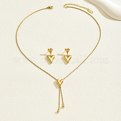 Sweet and Simple 201 Stainless Steel Heart Tassel Stud Earrings & Necklaces Set for Women&nbsp;EJ7179