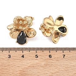 バレンタインデー向け 304ステンレススチール製キュービックジルコニアスタッドピアス（女性用）  ティアドロップの花  イオンプレーティング（ip）  18KGP本金メッキ  ブラック  22x21.5mm&nbsp;EJEW-F411-01G-01