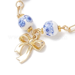 合金チャーム付きブレスレット  ハンドメイドの花柄プリント磁器セラミックビーズリンクチェーンブレスレット（女性用）  蝶結び  模造真珠ビーズ  ゴールドカラー  7-5/8インチ（19.5cm）&nbsp;BJEW-JB12911