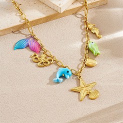 オーシャン304ステンレススチール＆プラスチックヒトデタツノオトシゴ魚ペンダントネックレスレディース  カラフル  ゴールドカラー  16.10インチ（40.9cm）&nbsp;NJEW-G180-04G