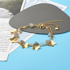 女の子の女性のために設定された天然ラブラドライトビーズアンクレット  バタフライチャームアンクレット  8-7/8インチ（22.5cm）  9-1/8インチ（23cm）  2個/セット&nbsp;AJEW-AN00450-02