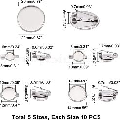 50個 5スタイル 304ステンレススチール ブローチ金具  バックバーパーツ  フラットラウンド  ステンレス鋼色  10個/スタイル&nbsp;STAS-UN0025-54