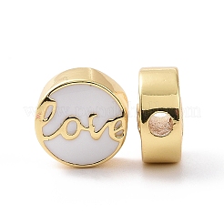 真鍮製エナメルビーズ  カドミウムフリー＆鉛フリー  長持ちメッキ  18KGP本金メッキ  ワード「love」を刻まれたフラットラウンド  ホワイト  12x5.5mm  穴：2.5mm&nbsp;KK-C004-15G-02