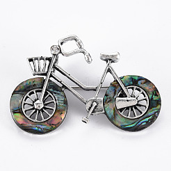 自転車型ナチュラルアワビシェル/パウアシェルブローチピン  バックパック衣類用のラインストーンラペルピン付き合金  鉛フリー＆カドミウムフリー  アンティークシルバー  カラフル  34~35x50~52x10~12mm  穴：6x4mm  ピン：0.7mm&nbsp;G-N333-010B-RS