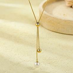 304 Stainless Steel Round Shell Pearl Pendant Lariat Necklaces for Women&nbsp;NJEW-U031-04G