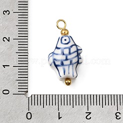手作りの磁器のペンダント  魚の形をしたチャーム  真鍮パーツ  手描き  18KGP本金メッキ  ブルー  22.5x11.5x7.5mm  穴：2.5mm&nbsp;PR-CBA0027-03G-05