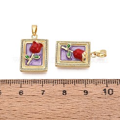 真鍮製エナメルペンダント  長方形と花のチャーム  18KGP本金メッキ  紫色のメディア  20x13x5mm  穴：5x2.5mm&nbsp;KK-SZC0009-05G-02