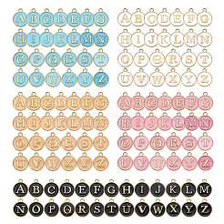 金メッキ合金エナメルチャーム  エポチャーム  アルファベット付きのフラットラウンド  a～zの文字  ミックスカラー  14x12x2mm  穴：1.5mm  26個/セット  5色  1セット/カラー  5セット /箱&nbsp;ENAM-SZ0001-02G