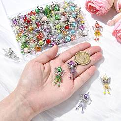 50個10スタイルの手作りシードビーズペンダント  天使のペンダント  合金の羽とアクリルの花ビーズ付き  ミックスカラー  40mm  穴：2.5mm  5個/スタイル&nbsp;PALLOY-CJ00084