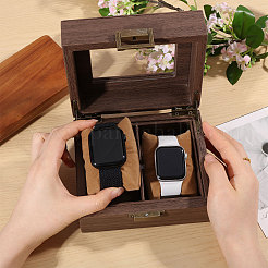 2スロットの木製で、PUレザーの時計収納ボックスで覆われており、ガラスの見える窓とヒンジ付きの蓋と糸くずの入ったクッションが内側に付いています。  長方形  サドルブラウン  12x14.5x8.4cm&nbsp;CON-WH0113-10A