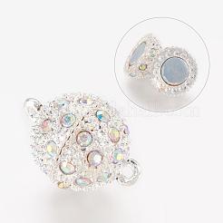 ループ付き合金マグネットクラスプ  ラインストーン付き  ラウンド  クリスタルAB  銀色のメッキ  21x14mm  穴：1.5mm&nbsp;RB-J031-S