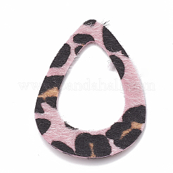 イミテーションレザービッグペンダント  フェイクファー付き  ティアドロップ  ピンク  59x40x1mm  穴：1.5mm&nbsp;FIND-N001-09B
