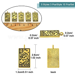 15pcs5スタイルチベットスタイルアロイペンダント  タロット模様の長方形  アンティーク黄金  26x13x2mm  穴：2mm  3個/スタイル&nbsp;TIBEP-YW0001-76AG