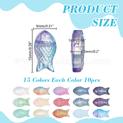 150個15色透明スプレー塗装ガラスビーズ  魚  ミックスカラー  15x8x5mm  穴：1mm  15個/カラー&nbsp;GLAA-AR0001-85