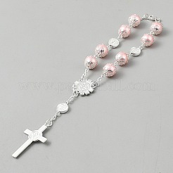 Plastic Imitation Pearl Link Alloy Virgin Cross Charm Rosary Bracelets&nbsp;BJEW-WH0041-52