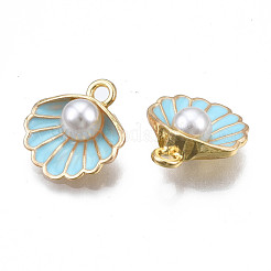 合金ペンダント  ABSプラスチックイミテーションパールとエナメル  パールシェル  ライトゴールド  空色  16x15x7mm  穴：1.5mm&nbsp;ENAM-S119-034A-01LG