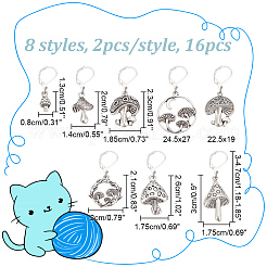 16Pcs 8 Style Mushroom Tibetan Style Alloy Pendant Stitch Markers&nbsp;HJEW-NB00018
