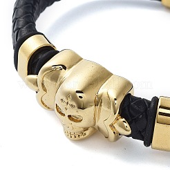 男性用編み込みブラックPUレザーコードブレスレット  スカル 201 ステンレススチール リンク ブレスレット、304 ステンレススチール マグネット留め金付き  ゴールドカラー  8-5/8x3/4インチ（21.9x1.9cm）&nbsp;BJEW-K243-52G
