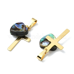 天然パウアシェルペンダント  304ステンレススチールクロスチャーム  ゴールドカラー  ハート  13x10.5x3.5mm  穴：6x3mm&nbsp;PALLOY-JF05710-01