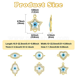 6Pcs 6 Styles Brass Micro Pave Clear Cubic Zirconia & Natural Shell Evil Eye Links Connector Charms&nbsp;KK-CJ0003-44